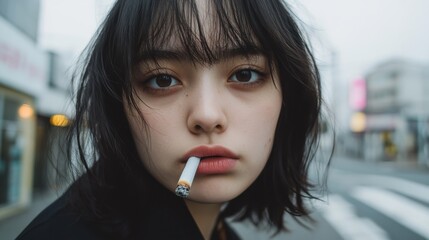 都会の雰囲気：街の通りでタバコを吸う若い女性