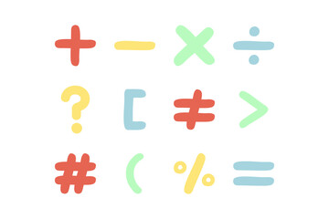 Pastel math symbol sign set. Addition, subtraction, division, multiplication, percentage. Education, school learning concept. Hand drawn doodle vector design isolated illustration.
