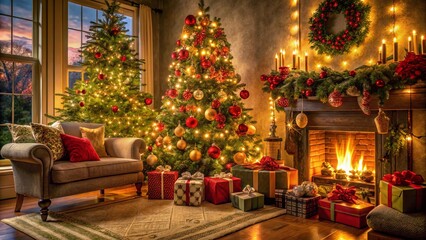 Obraz premium Captivating Christmas Tree Decor in a Festive Living Room Setting for Holiday Cheer