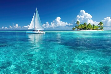 A white sailboat sails towards a tropical island with clear blue waters and palm trees.