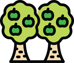 Simple and colorful icon of two apple trees growing green apples in an orchard