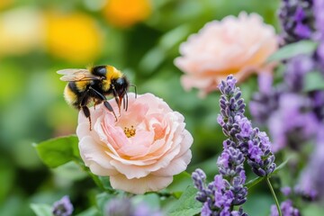 A bumblebee collects nectar from a pink rose.