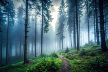 Fototapeta premium Eerie dark forest with creeping fog