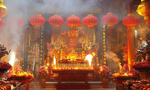 Chinese New Year room with a gold bowl of oranges and a gold bowl of incense. The incense is lit and the oranges are piled up