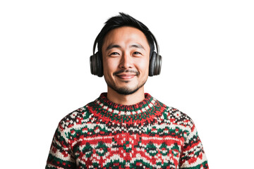 Smiling Asian man in Christmas sweater and headphones isolated on a transparent background