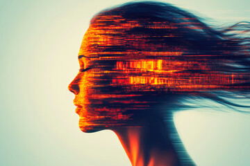 A human profile dissolves into digital streams, visually capturing the essence of transformation and digital evolution at play.