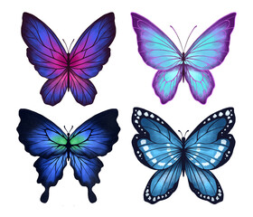 Obraz premium Butterfly Collection Illustration Set. Beautiful Watercolor Tropical Moths Isolated on White Background. Flying Cute Insects with Colorful Wings