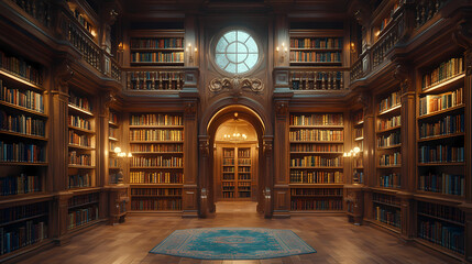 Obraz premium Blurred bookshelf background.Bookshelf in Library with antique books. 3d rendering.