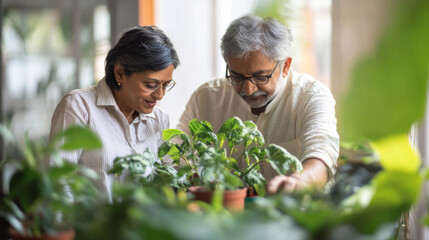 Couple caring houseplants at home. Indian mature man and woman with green plants