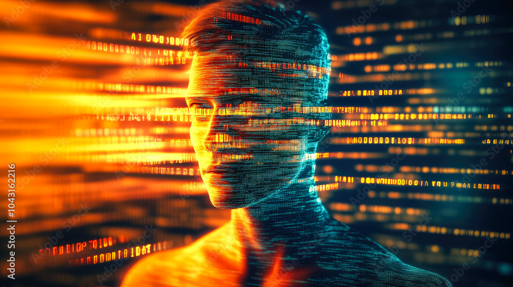 Poster a digital representation of a male portrait, glowing with patterns of data, capturing a modern and f