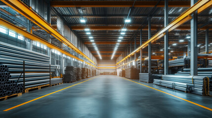 Robot analyzing data in futuristic metal products warehouse setting, concept of industrial future