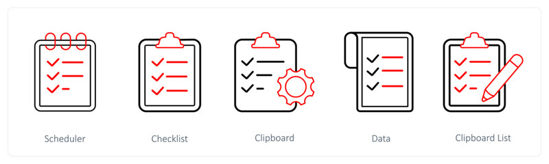 A set of 5 mix icons as scheduler, checklist, clipboard