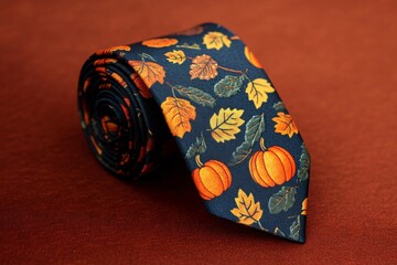 Thanksgiving tie with vibrant orange pumpkins and fall leaves, bold and festive.