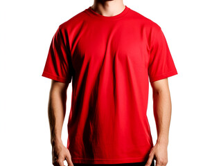 Red t-shirt on model, white isolate background