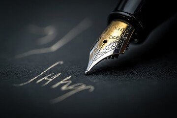 Close-up of a fountain pen with a gold nib on black paper.