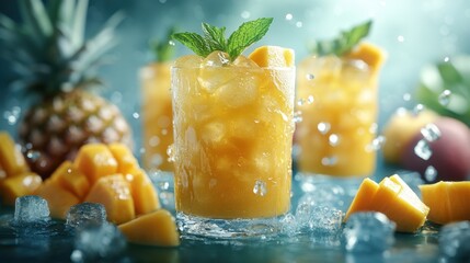 Refreshing cold mango juice surrounded by ice cubes and fruits