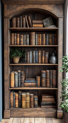 Blurred bookshelf background.Bookshelf in Library with antique books. 3d rendering.