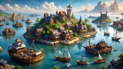 Obraz premium DnD Floating Villa Battlemap - Village Surrounded by Water for Fantasy RPG