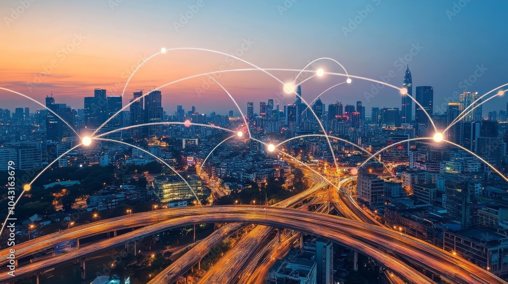 Poster artificial intelligence overseeing a smart city, controlling data traffic and infrastructure safety