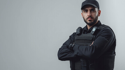 Portrait of security guard on isolated background with copy space