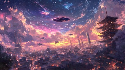Naklejka premium A futuristic city skyline with flying vehicles and a pagoda under a starry sky.
