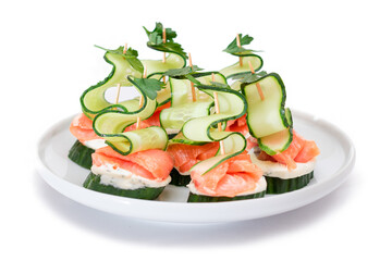 Canapes without Bread with Fresh Salmon, Cucumber and Cream Cheese - Isolated on White Background. Easy Breakfast. Diet Food. Quick and Healthy Sandwiches. Healthy Snacks with Tasty Fillings