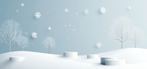 Fototapeta premium A serene winter landscape with snow-covered hills, trees, and falling snowflakes.