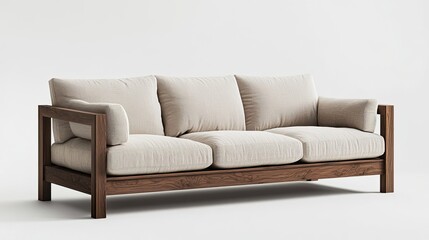 Fototapeta premium Modern Wooden Sofa with Light Cushions