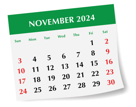 ENGLISH November 2024 calendar. Vector illustration. Monthly planning for business