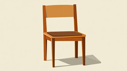A simple wooden chair with a brown cushion and shadow.
