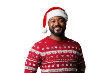 Smiling African American man wearing Christmas sweater and Santa hat isolated on a transparent background