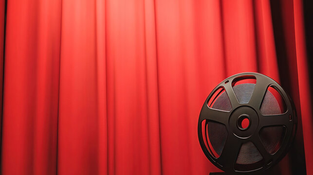 A clapperboard sits prominently next to a film reel both positioned in front of a striking red curtain. This arrangement evokes a classic cinematic experience perfect for a film event or premiere