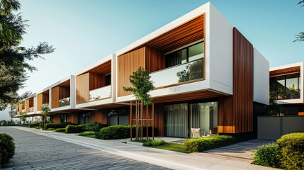 Contemporary townhouse row with wooden facades and manicured landscaping on a sunny day