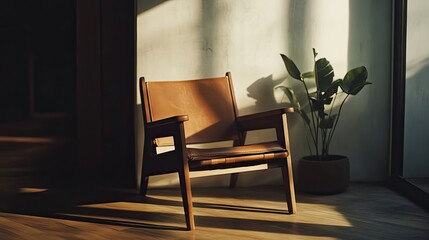 Fototapeta premium A Modern Leather Chair Basking in Sunlight Near a Window