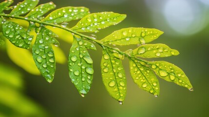 Obraz premium A close-up of a green leaf covered in water droplets, showcasing nature's beauty.