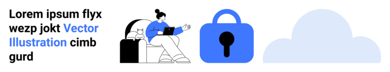 A woman working on a laptop next to a suitcase, a large blue lock symbol, and a cloud icon. Ideal for cybersecurity, cloud computing, remote work, data protection, digital nomad lifestyle. Banner