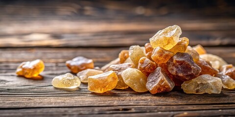 Gum arabic tree gum pieces on wooden table background.