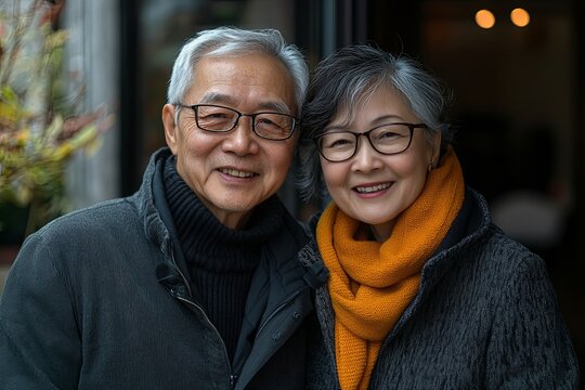 elderly healthy asian couple smile and relax in the park together, Generative AI