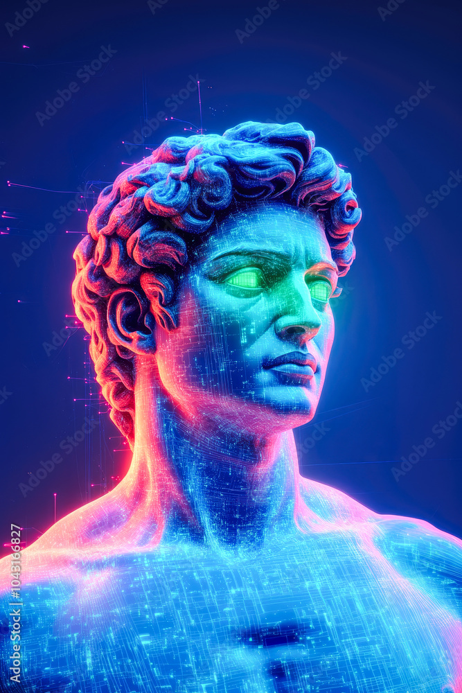 Poster a digital art depiction of a classical bust, illuminated in neon hues and overlaid with a grid-like 