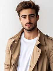 Obraz premium Model man in a stylish trench coat over a fitted t-shirt on a white background.