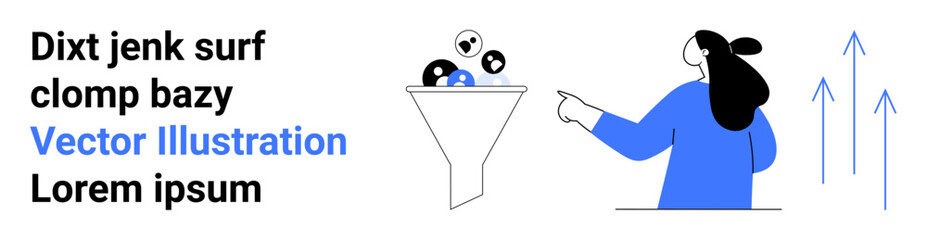 A person points at a funnel filled with various icons symbolizing data analysis. Three upward arrows indicate growth and success. Ideal for data analytics, business growth, marketing strategies