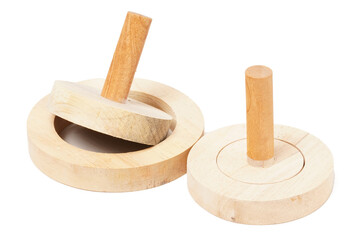 A wooden tool used to flatten donut dough, consisting of two parts: a ring to hold the dough and a round surface to press it flat. Photographed on a white background.
