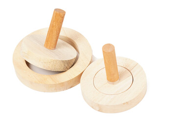 A wooden tool used to flatten donut dough, consisting of two parts: a ring to hold the dough and a round surface to press it flat. Photographed on a white background.