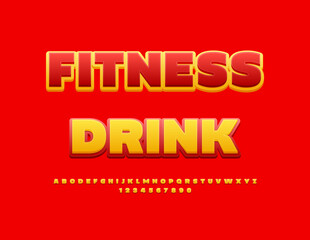 Vector creative label Fitness Drink. Bright Yellow and Red Font. Artistic set of Alphabet Letters and Numbers.