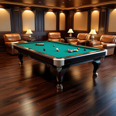 An entertainment room featuring a pool table with colorful balls,