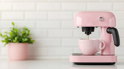 A charming pink coffee machine brewing fresh coffee into a delicate cup, complemented by a potted plant on a white countertop.