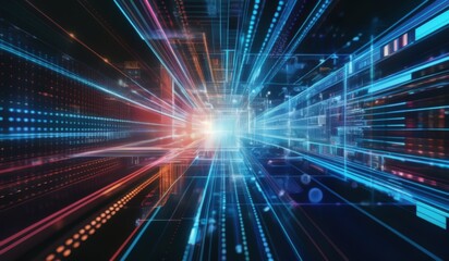 Obraz premium a close up of a blue and red light streaks through a dark room explosion of data fragments