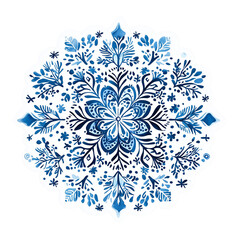 A flat sticker design featuring intricate blue and white snowflakes and stars against white or transparent background