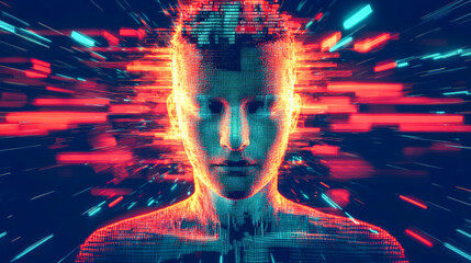 A cyber-inspired portrait with energetic pixelated bursts, highlighting a blend of human presence and digital dynamism.