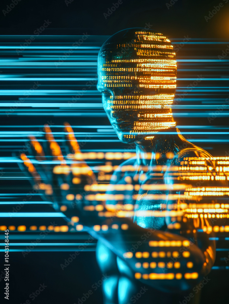 Poster a futuristic cybernetic entity with swirling lights, illustrating the dynamic nature and transformat